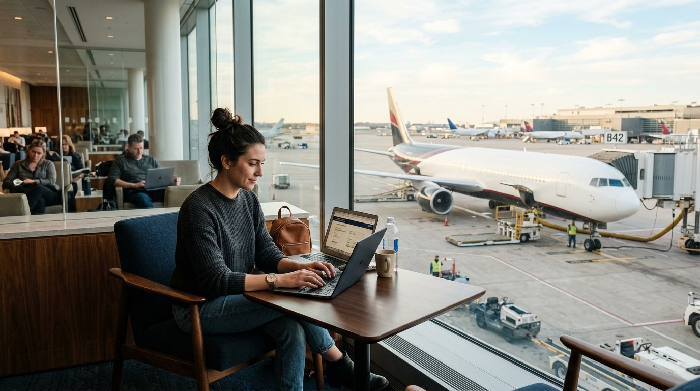 Traveler reviewing Air Canada flight change options and fare rules on laptop at airport lounge